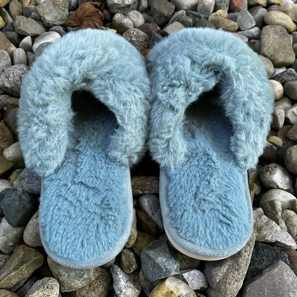 Mint Green Fluffy Plush Slide Slippers / Scuffs - Picture 2 of 4